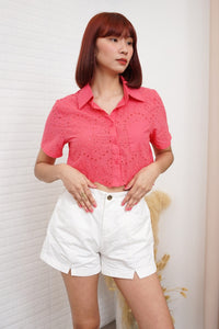 JANE Cropped Button-Down Eyelet Top (Watermelon Pink)