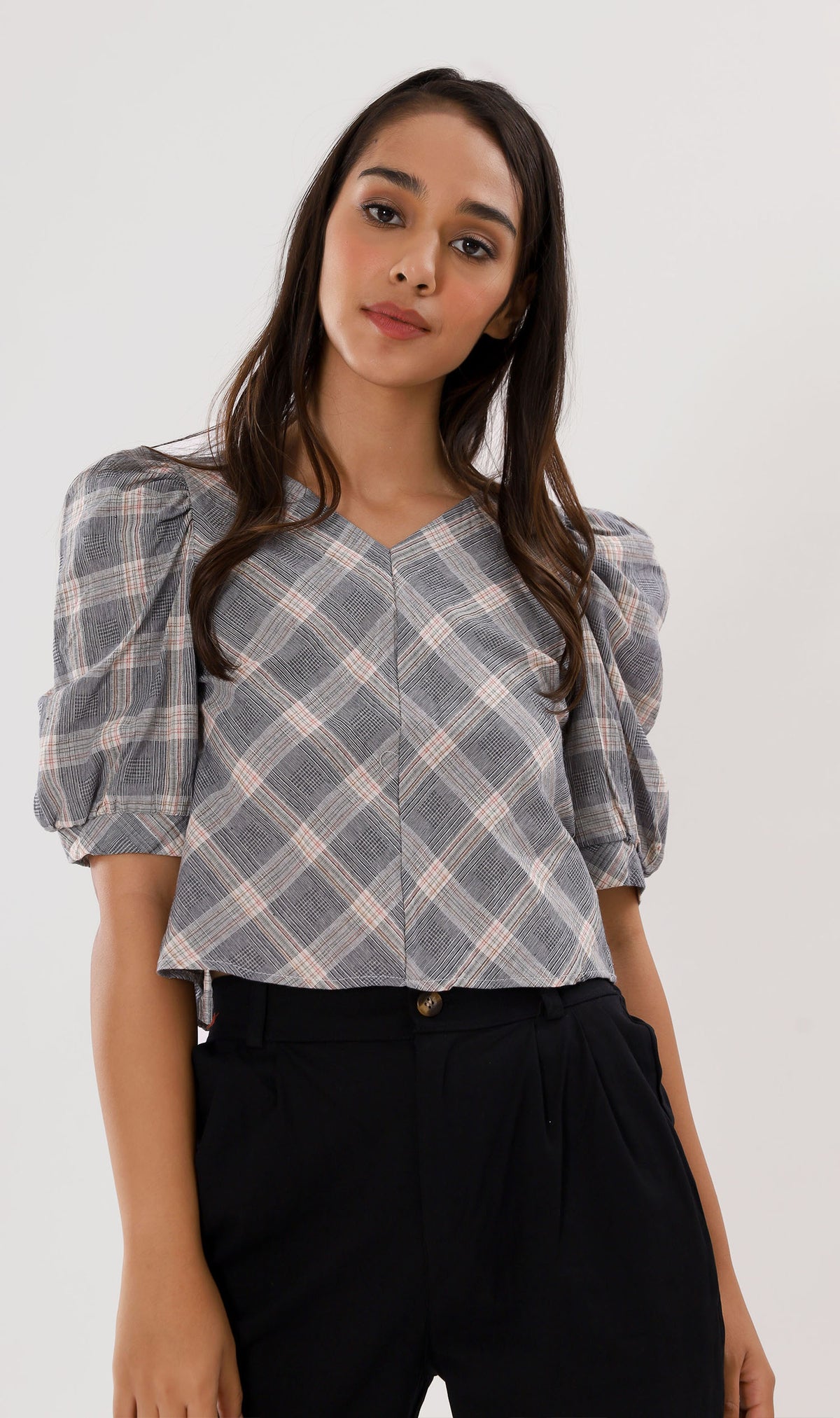 MARLA Plaid Puff-Sleeve 2-way Top (Dark Grey)