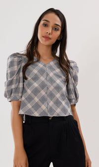 MARLA Plaid Puff-Sleeve 2-way Top (Dark Grey)