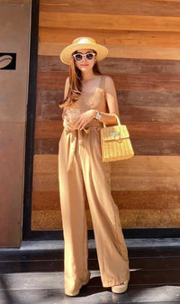 KHARI Linen Tie-Waist Jumpsuit (Mocha)