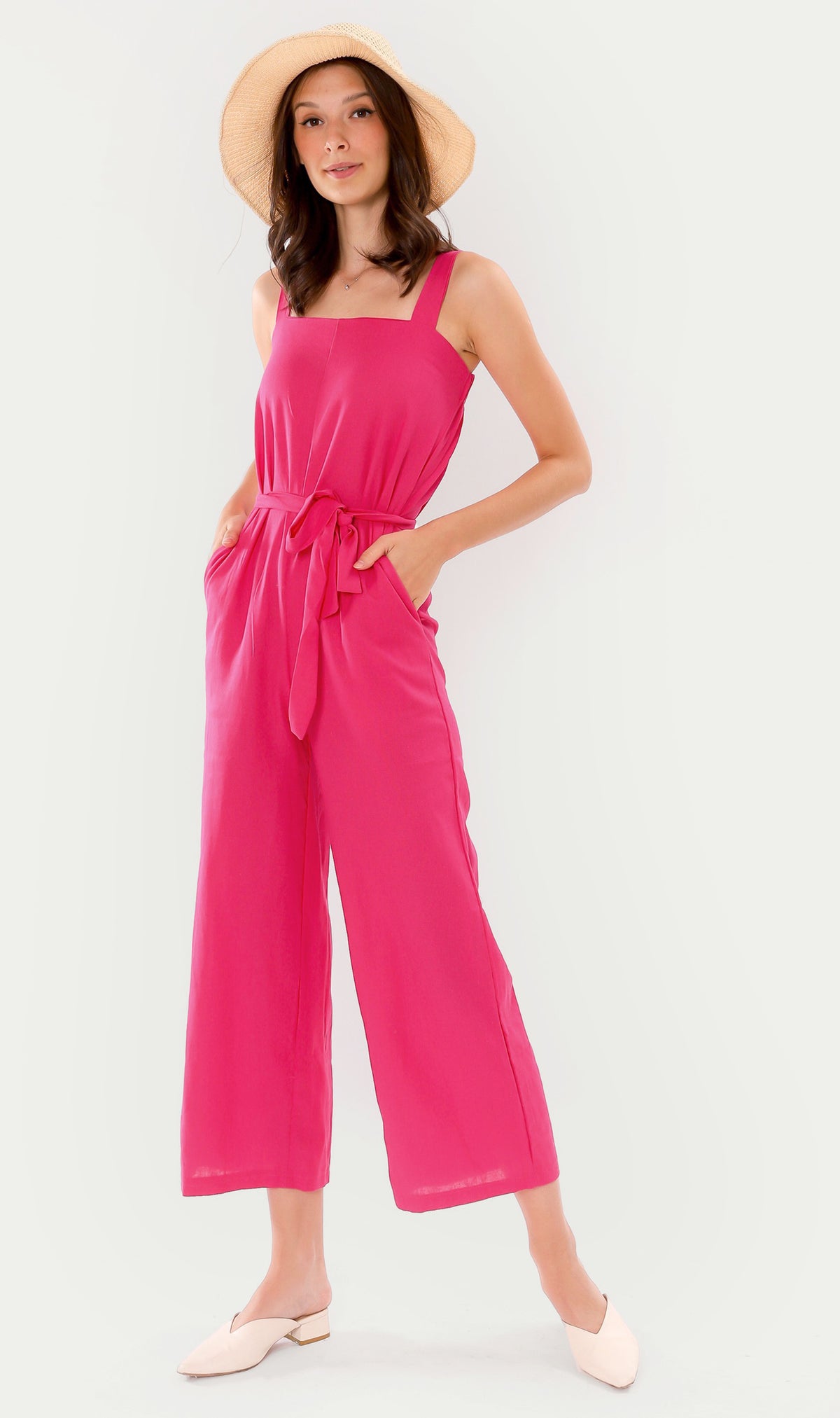 KHARI Linen Tie-Waist Jumpsuit (Magenta)