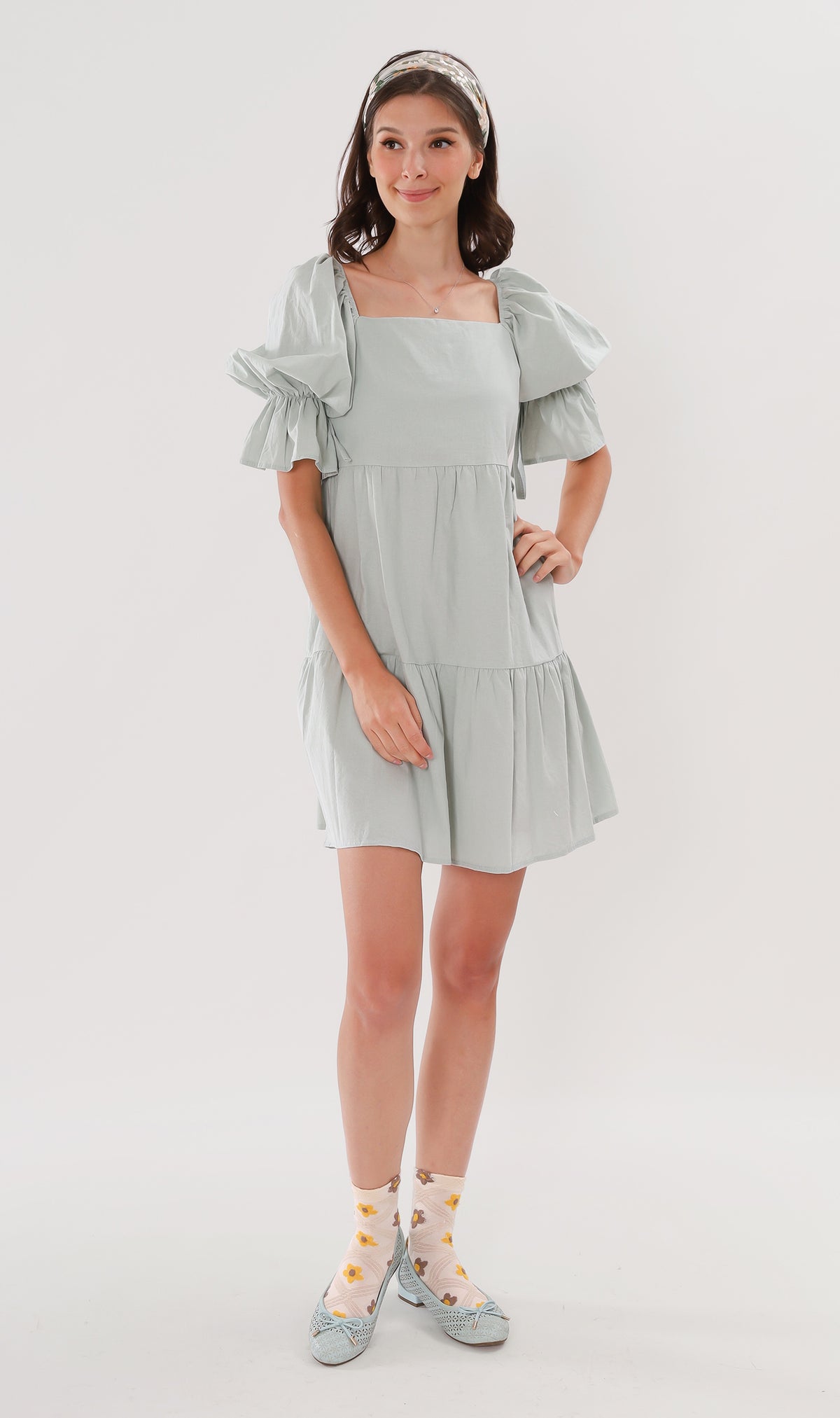 MADILYN Tiered Tie Puff-Sleeve Dress (Mint)