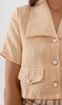 DIONNE Wide-Collar Tweed Blazer Top (Peach)