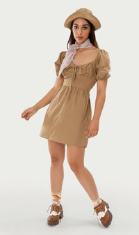 QUINCY Ruched Puff-Sleeve Dress w/ Hat (Mocha Brown)