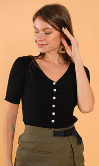 LAUREN Button-Down Knit Top (Black)