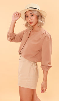 STELLA Button-Down Long-Sleeve Top (Nude)