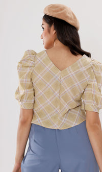 MARLA Plaid Puff-Sleeve 2-way Top (Yellow)