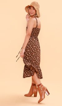 CRESSIDA Floral Lace-Up Midi Dress (Chocolate)