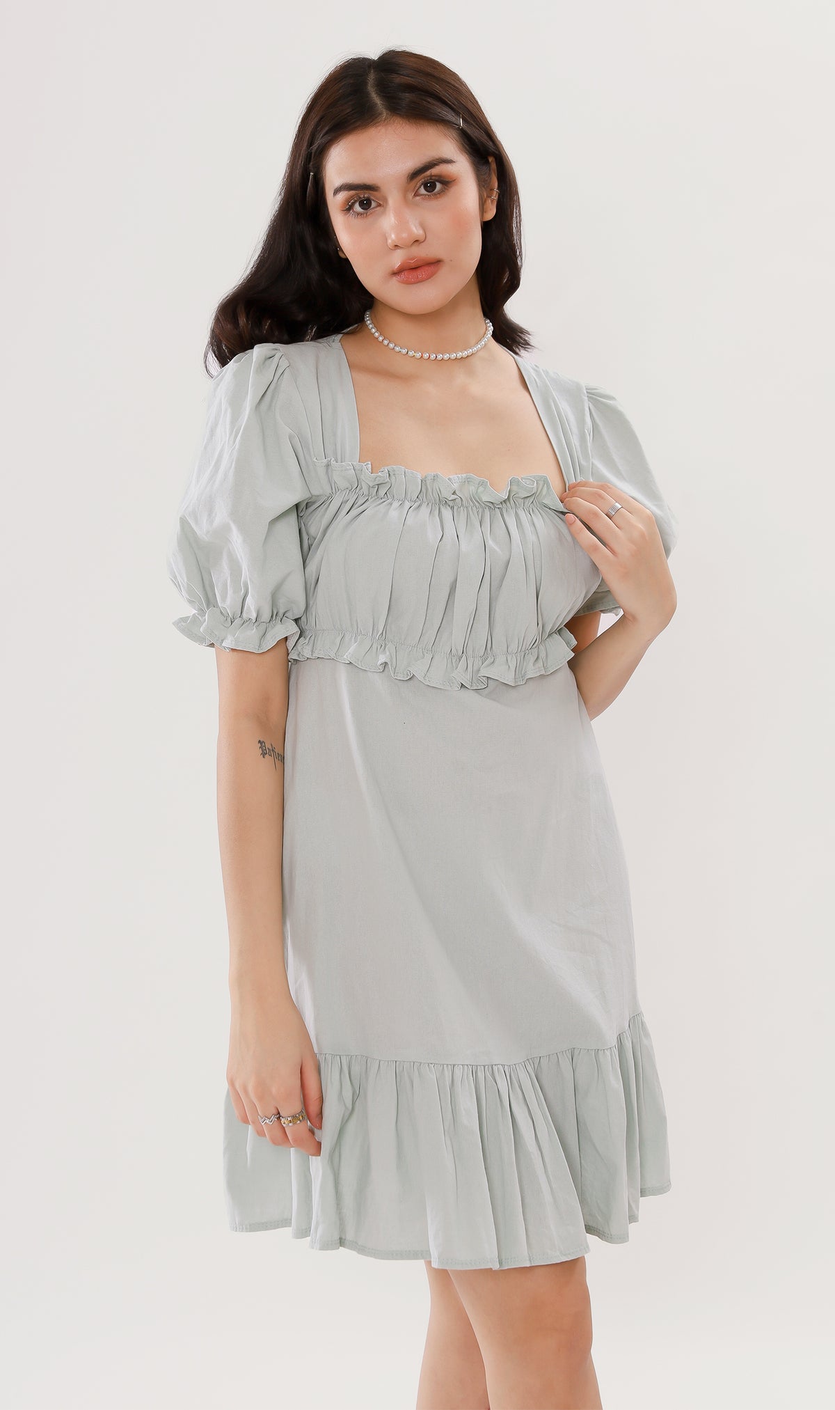 CLAUDETTE Ruched-Bust Ruffled Dress (Mint)