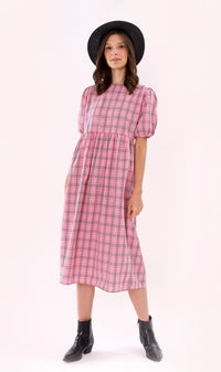 HAISLEY Puff-Sleeve Plaid Maxi Dress (Pink)