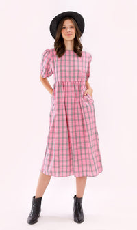 HAISLEY Puff-Sleeve Plaid Maxi Dress (Pink)