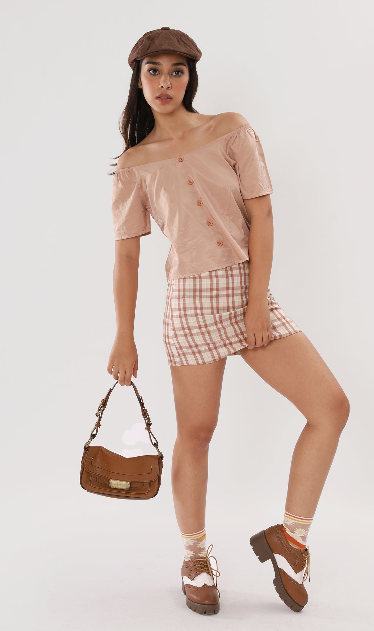ELIANA Buttoned Flutter-Sleeve Top (Nude Beige)