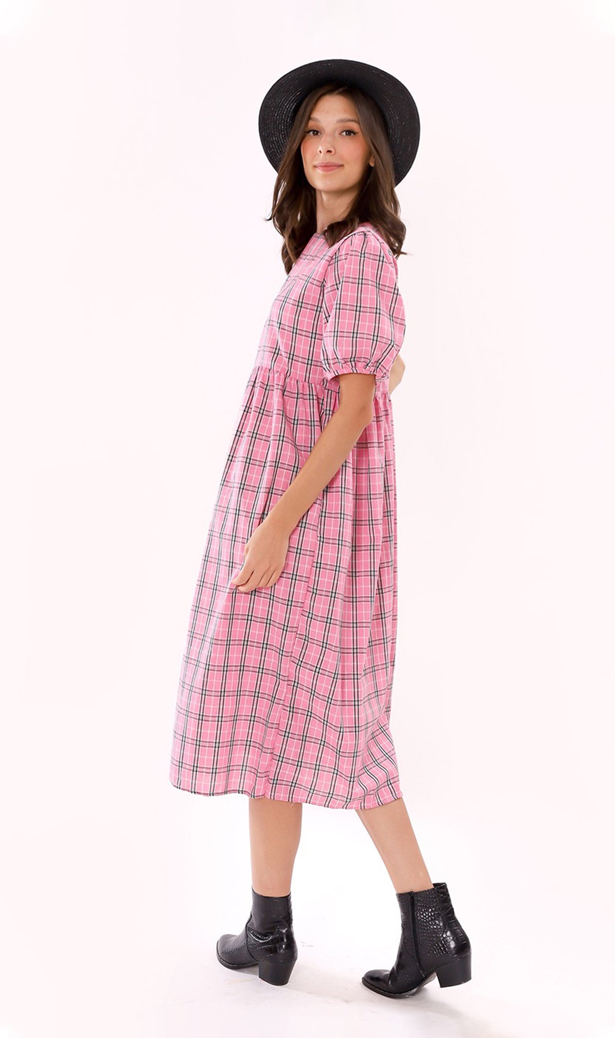HAISLEY Puff-Sleeve Plaid Maxi Dress (Pink)
