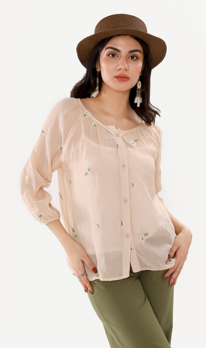 FLEUR Sheer Long-Sleeve Top (Peach)
