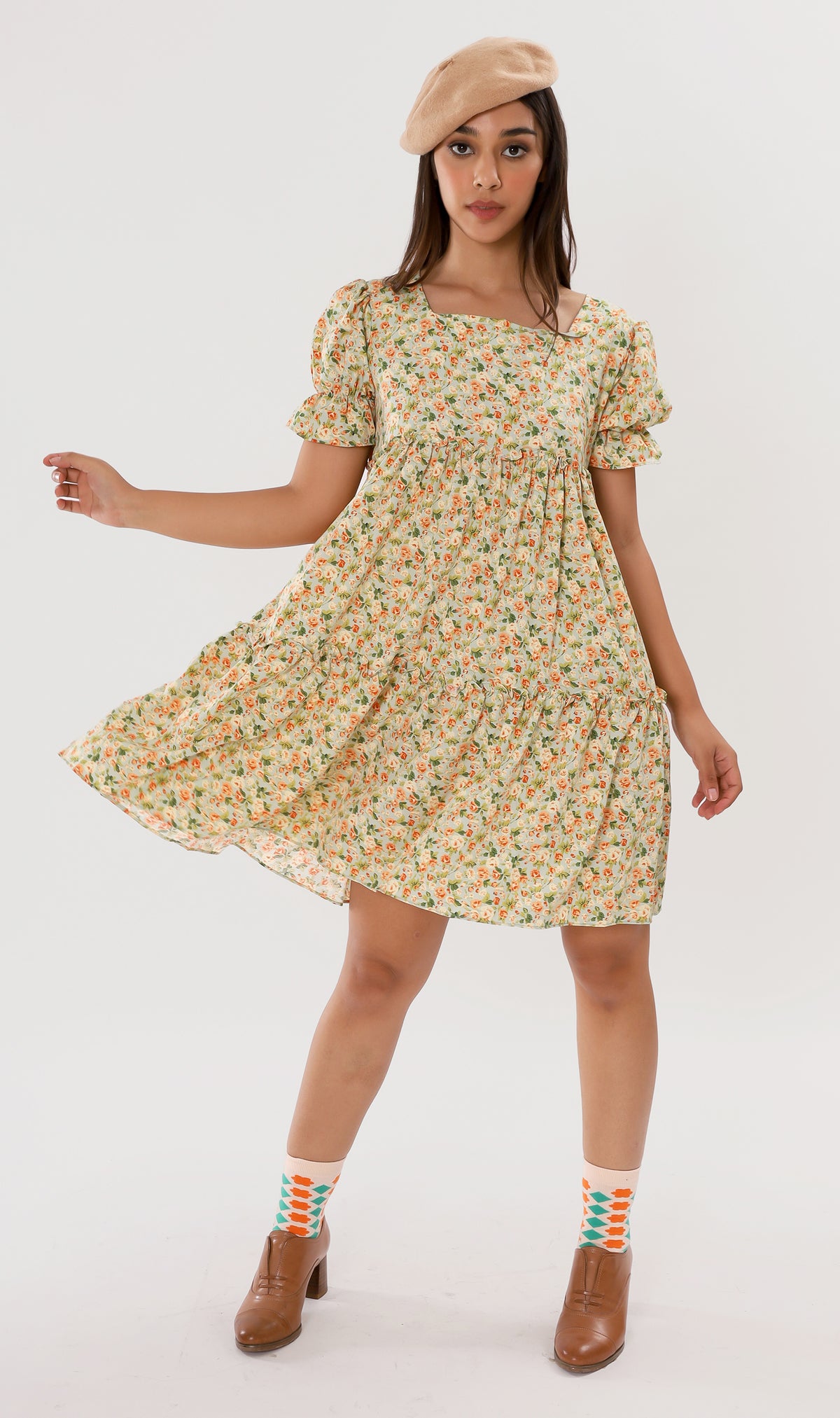 JADE Tiered Puff-Sleeve Dress (Pastel Green)