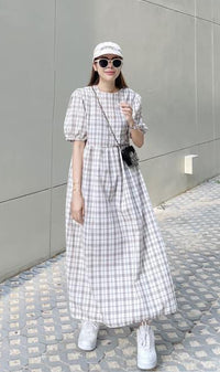HAISLEY Puff-Sleeve Plaid Maxi Dress (Off White)