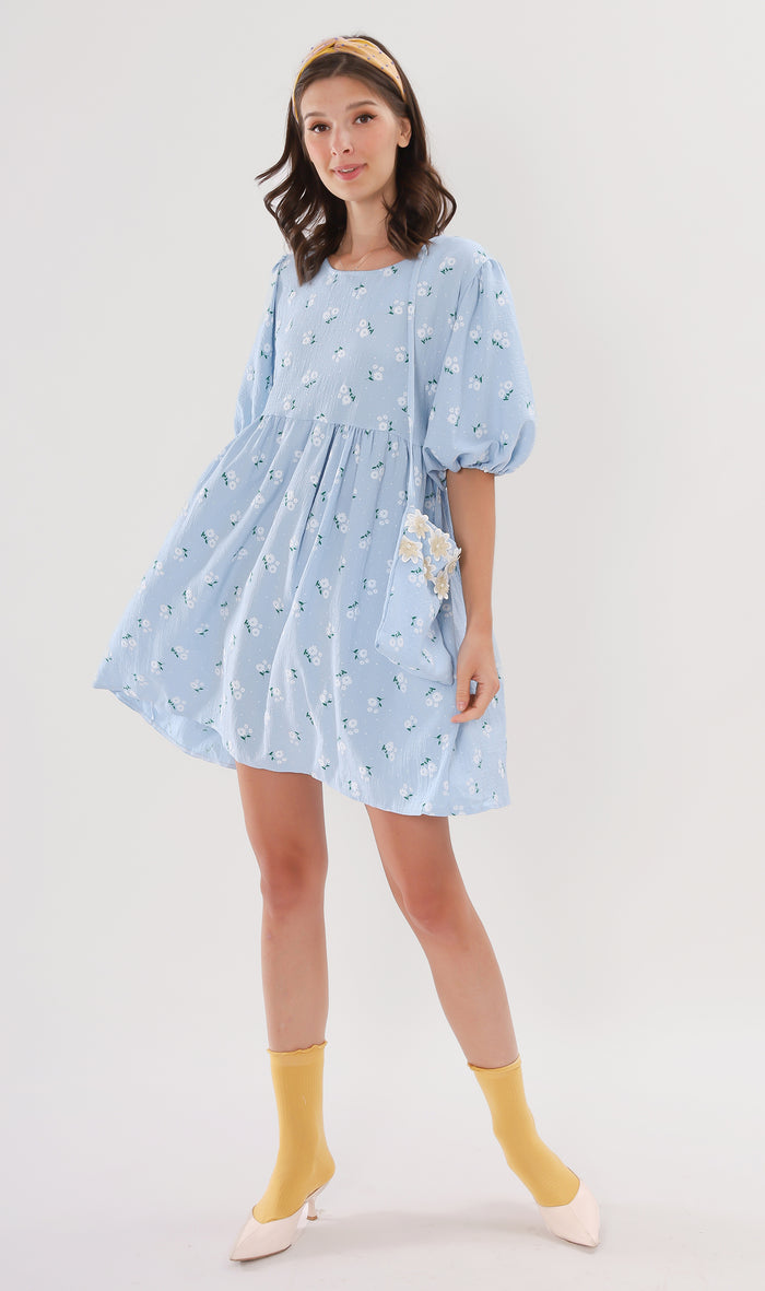 YANA Floral-Print Puff-Sleeve Babydoll Dress w/ Bag (Powder Blue)