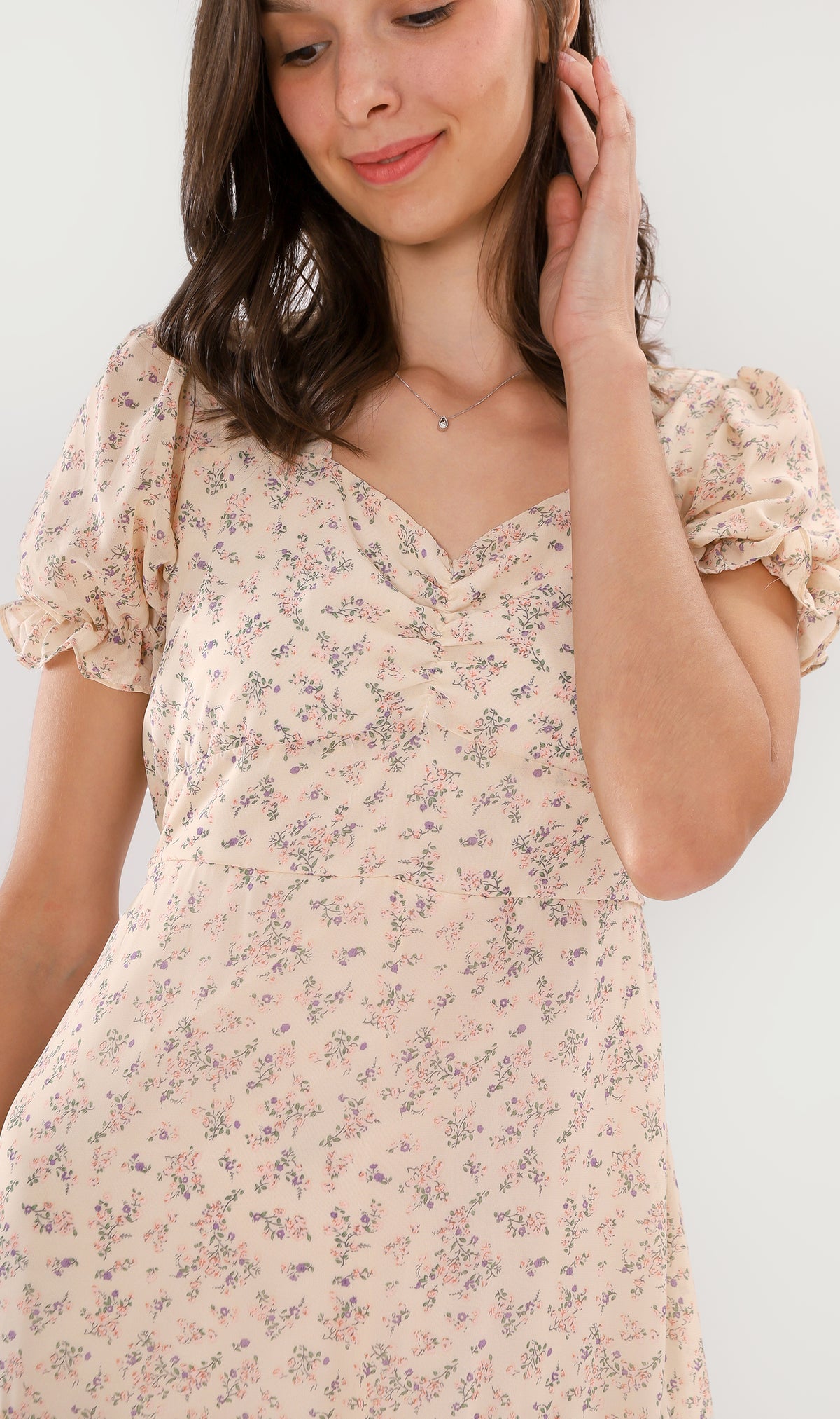 CRYSTAL Puff-Sleeve Ruffled Dress (Cream)