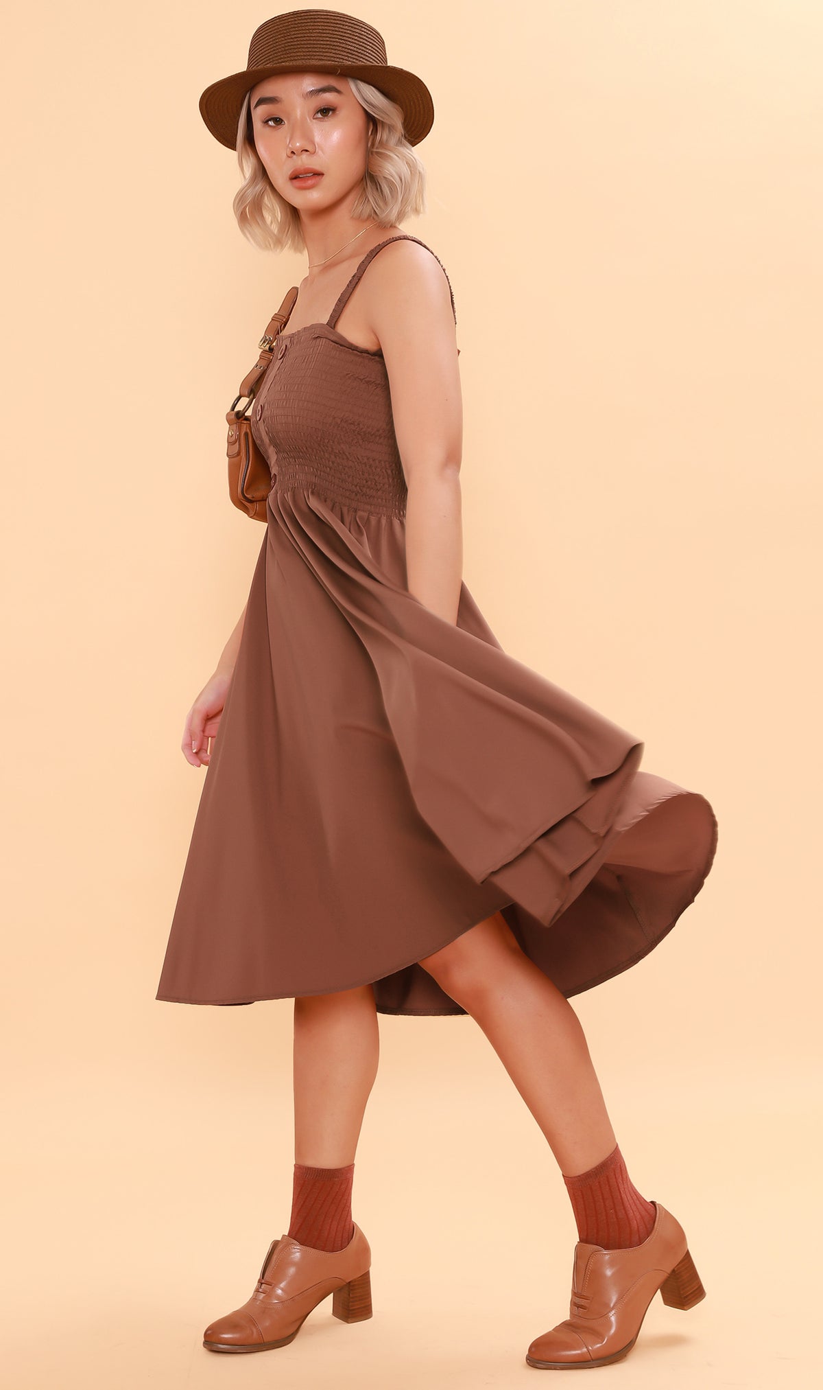 GENEVIEVE Smocked Midi Dress (Chocolate)