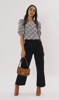 MARLA Plaid Puff-Sleeve 2-way Top (Dark Grey)