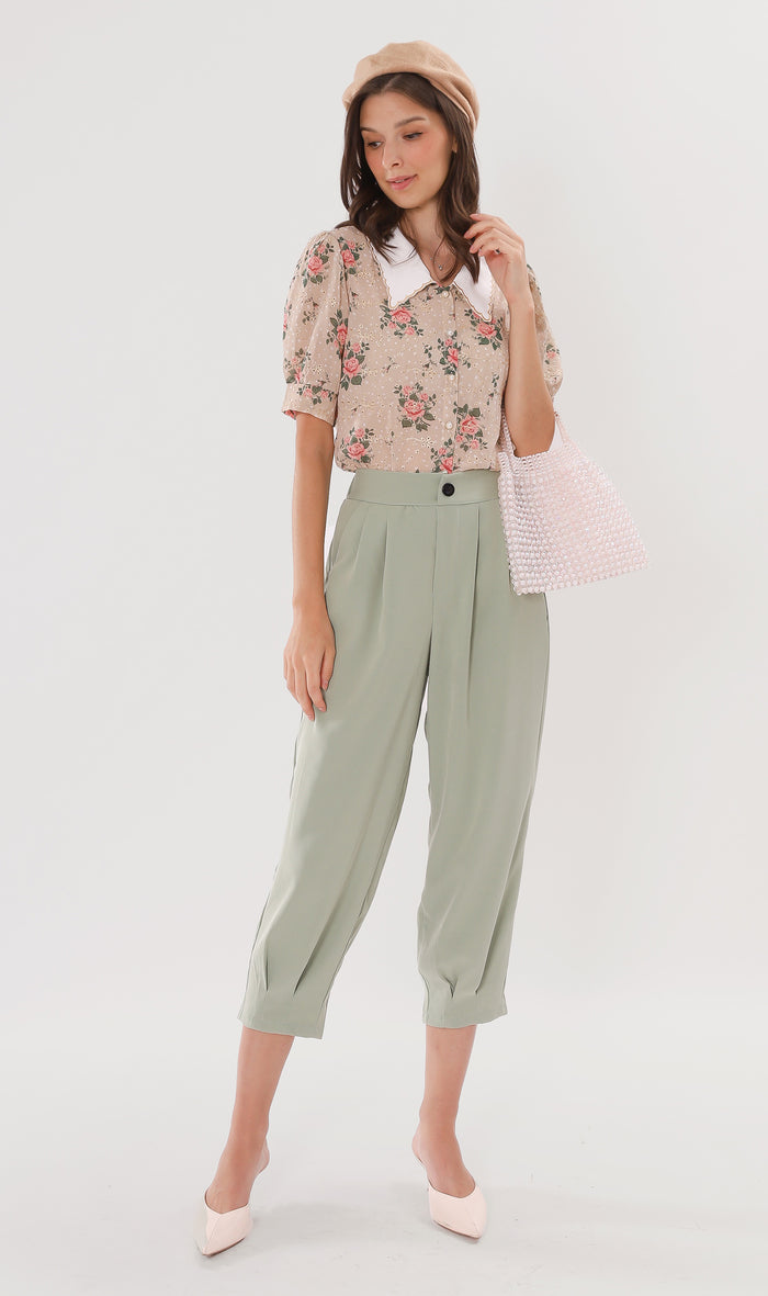 EZRA High-Waisted Pleated Tailored Trousers (Sage)