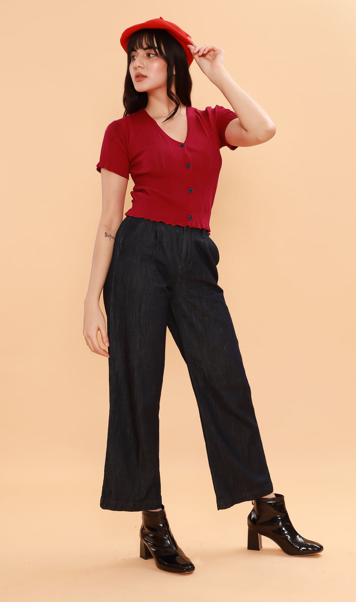 CAMILLE Button-Down Eyelet Cardi (Red)