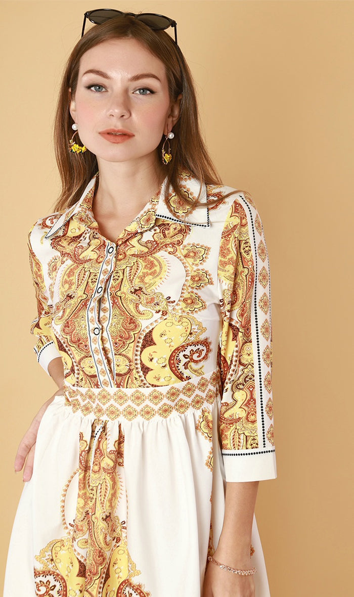 QUINCE Long-Sleeve Collared Dress(Yellow)