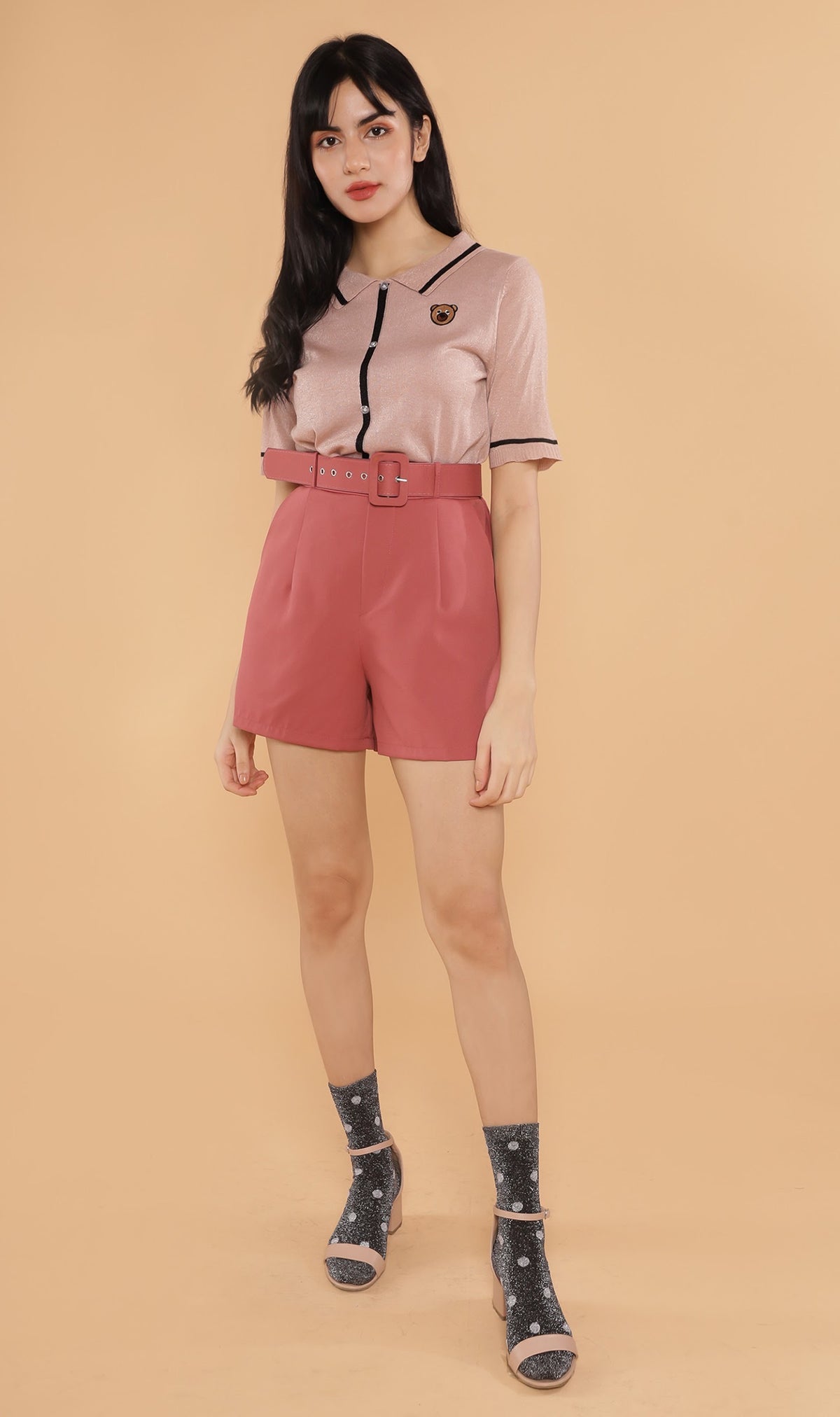 CASS Bear-Patch Knit Polo (Dusty Pink)