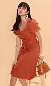 DAPH Puff-Sleeve Midi Dress (Rust)