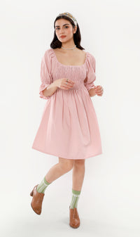 REYA Smocked Puff-Sleeve Linen Dress (Blush)