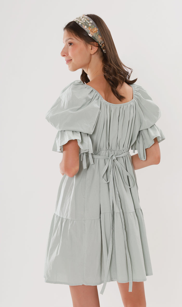 MADILYN Tiered Tie Puff-Sleeve Dress (Mint)