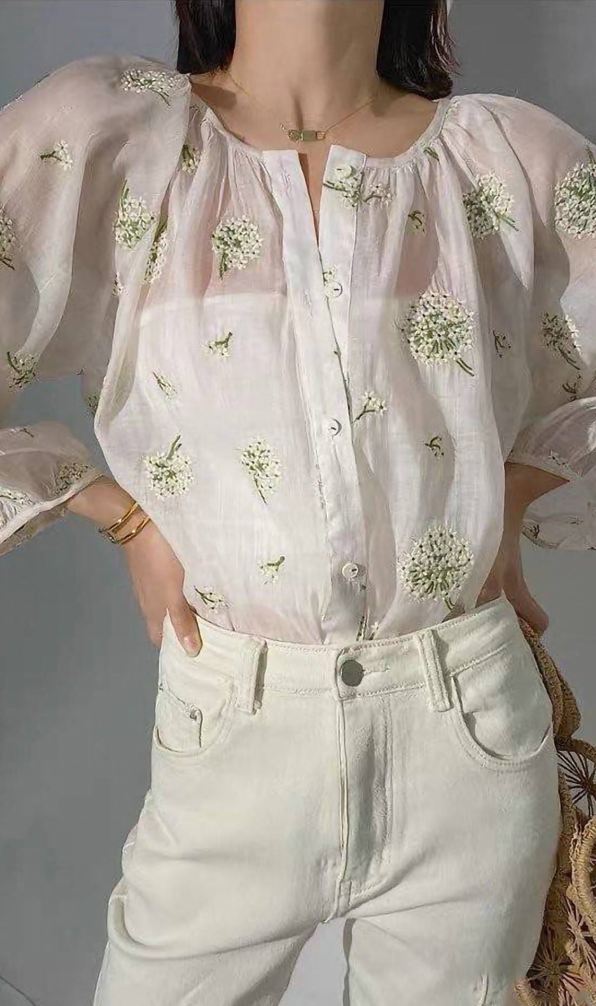 FLEUR Sheer Long-Sleeve Top (White)