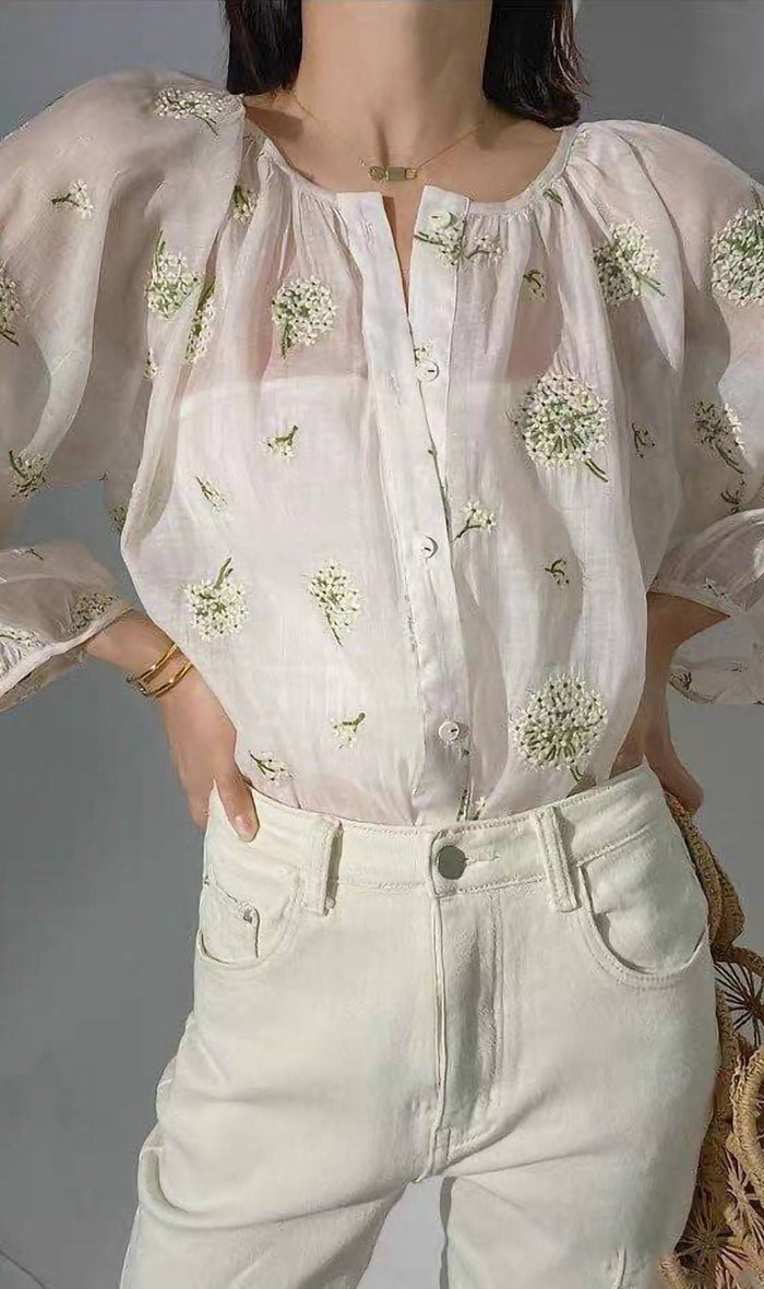 FLEUR Sheer Long-Sleeve Top (White)