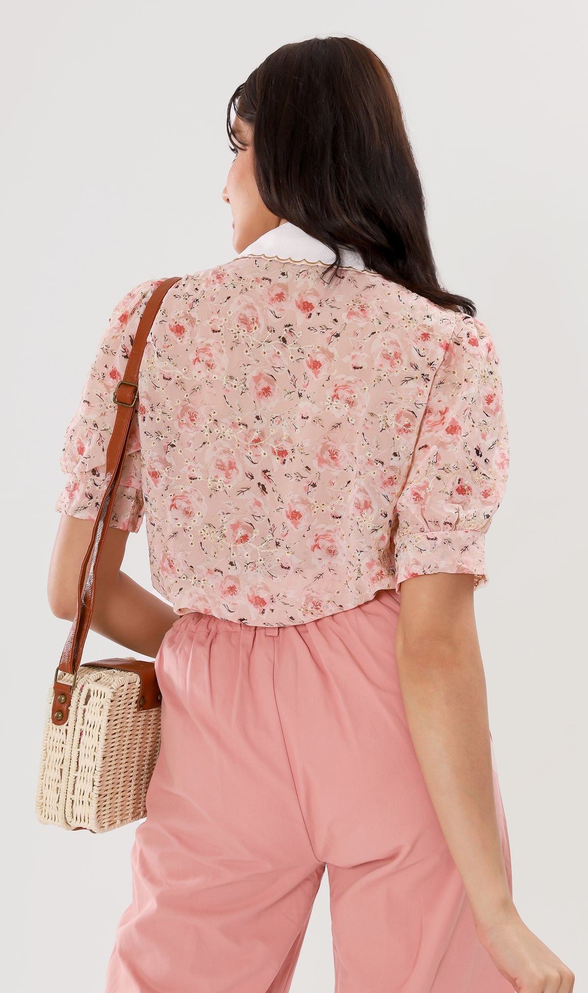FARRAH Vintage-Collar Chiffon Button-Down (Blush)