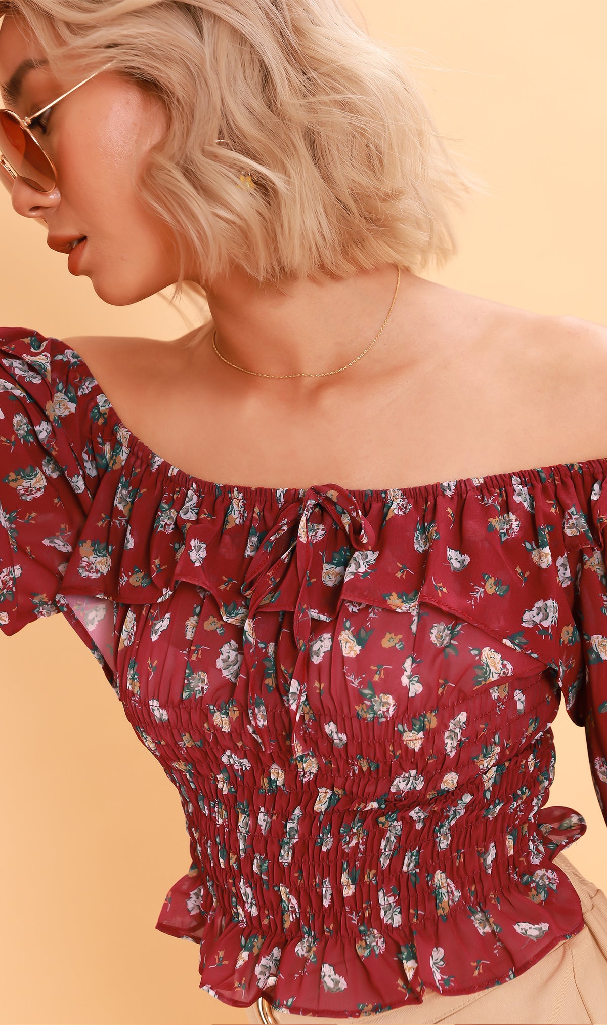 MARINA Long-Sleeve Frill Top (Cherry)
