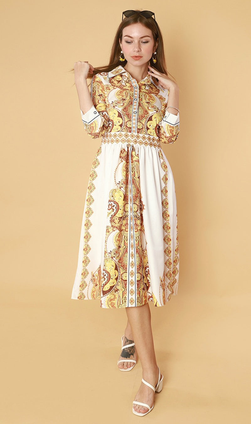 QUINCE Long-Sleeve Collared Dress(Yellow)