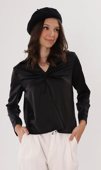 ELLIS Ruched-Front Collared Top (Black)