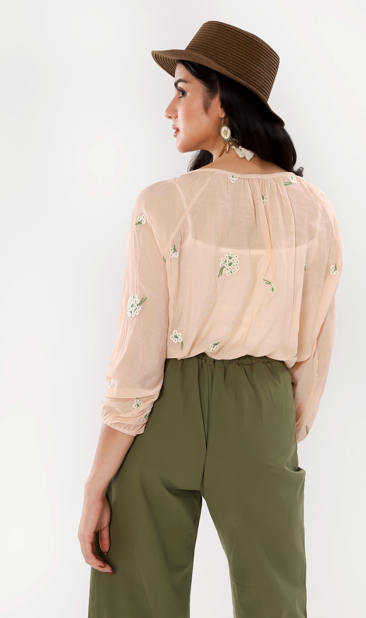 FLEUR Sheer Long-Sleeve Top (Peach)