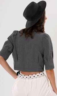 KATYA Buttoned Puff-Sleeve Grid Top (Black)