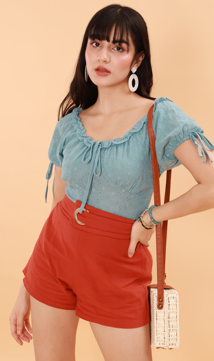 ELOISE Puff-Sleeve Eyelet Top (Ocean Blue)