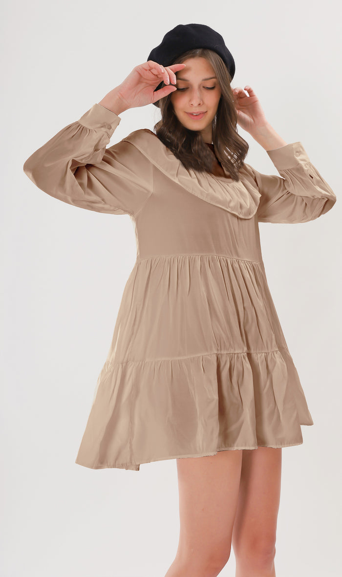 IMOGEN Bib-Collar Long-Sleeve Tiered Dress (Mocha)