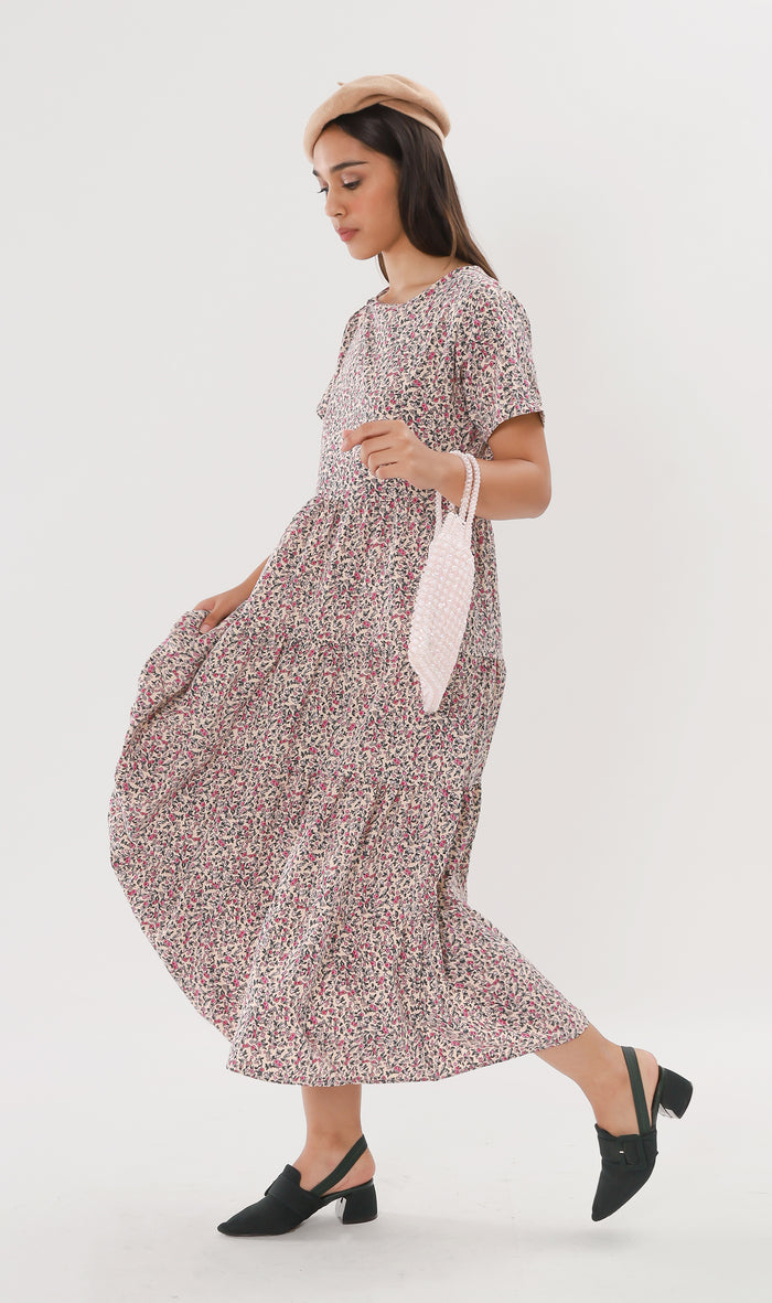 KORA Tiered Floral Maxi Dress (Cream)
