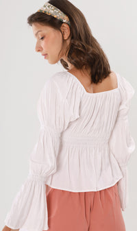 PRISCILLA Tiered-Sleeve Ruched 2-Way Top (White)