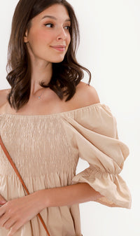 REYA Smocked Puff-Sleeve Linen Dress (Nude)