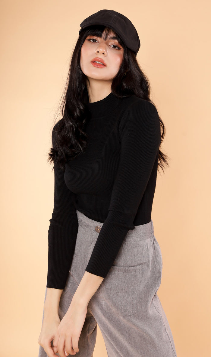 ROUX Mock-Neck Long-Sleeve Knit Top (Black)