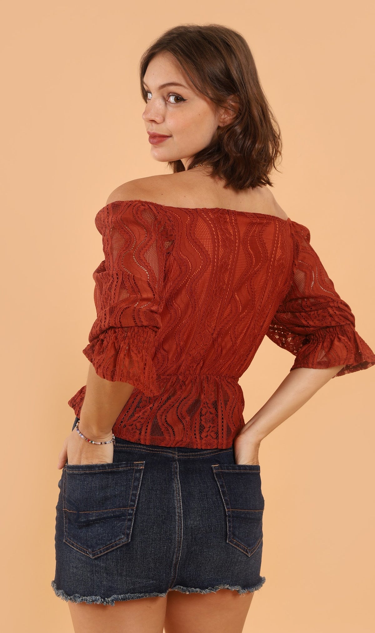 ADALEE 2-way Smocked Lace Top (Rust)