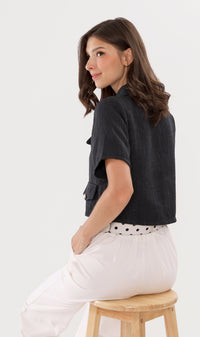 DIONNE Wide-Collar Tweed Blazer Top (Black)