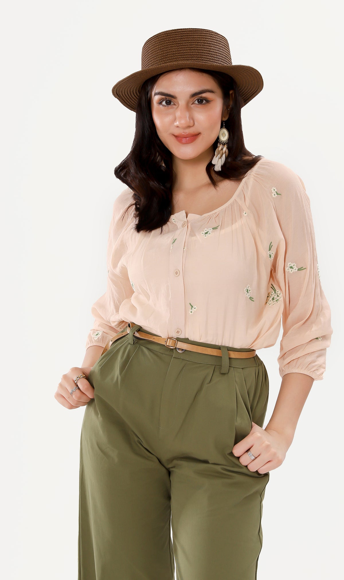 FLEUR Sheer Long-Sleeve Top (Peach)