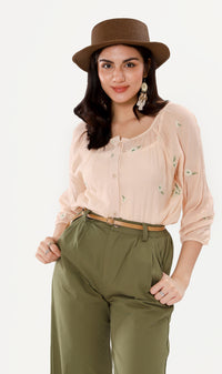 FLEUR Sheer Long-Sleeve Top (Peach)