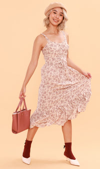 CRESSIDA Floral Lace-Up Midi Dress (Blush Beige)